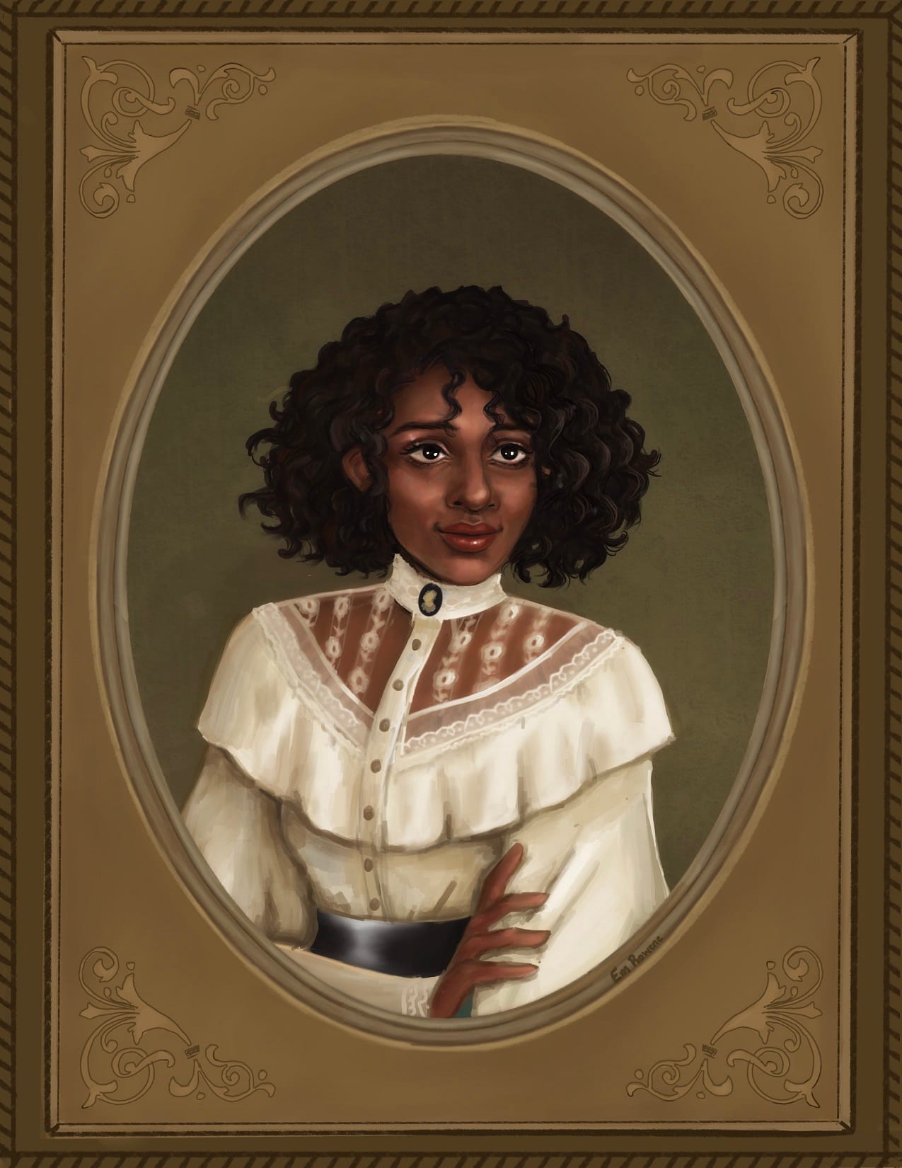 A digital painting of a Black woman in a white lace blouse. She has dark curls that fall to her chin, warm eyes, and a soft smile.