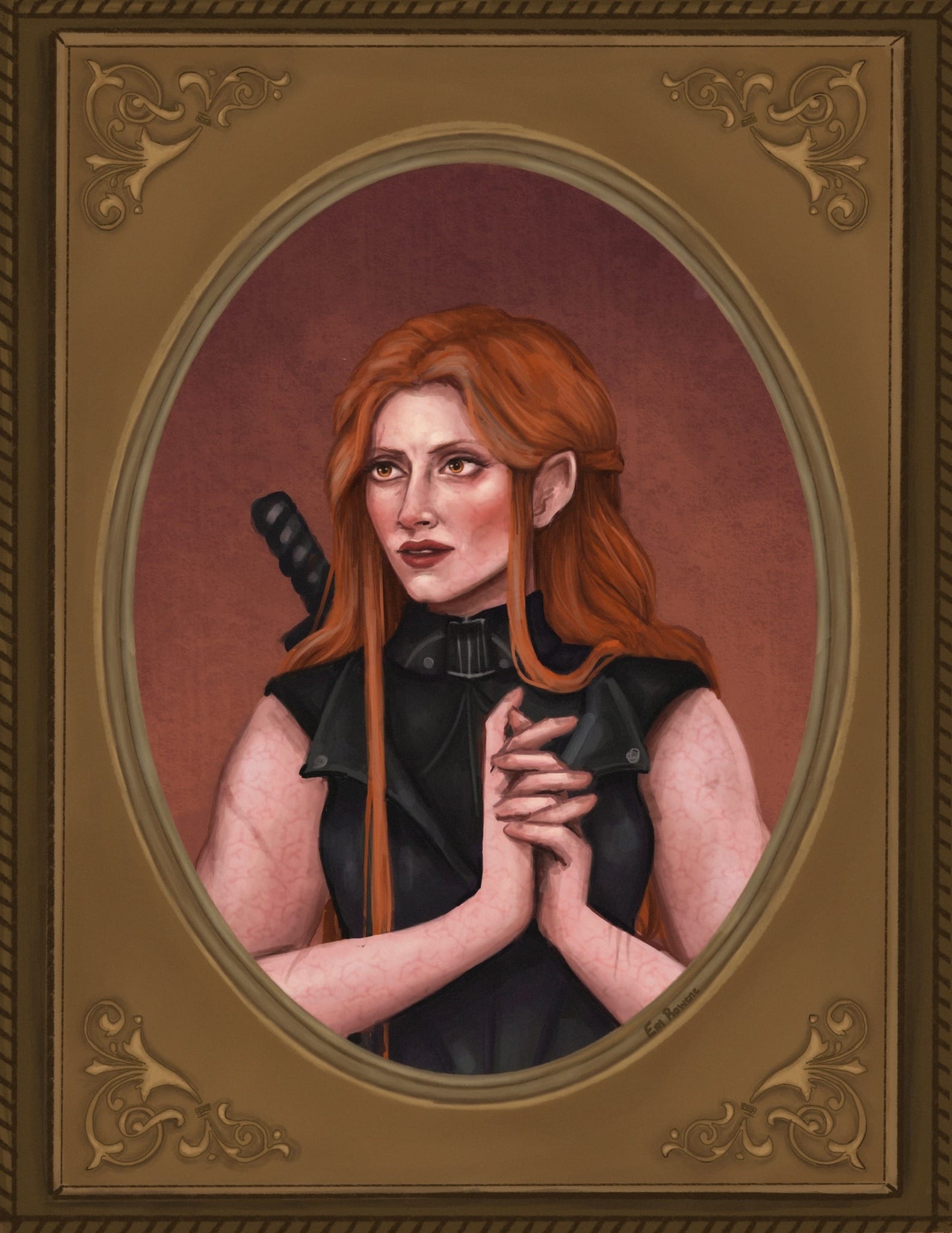 A digital painting of a pale woman in a sleeveless black shirt. She has long, straight red hair with gray streaks, pointed ears, a sword on her back, and a wary expression.