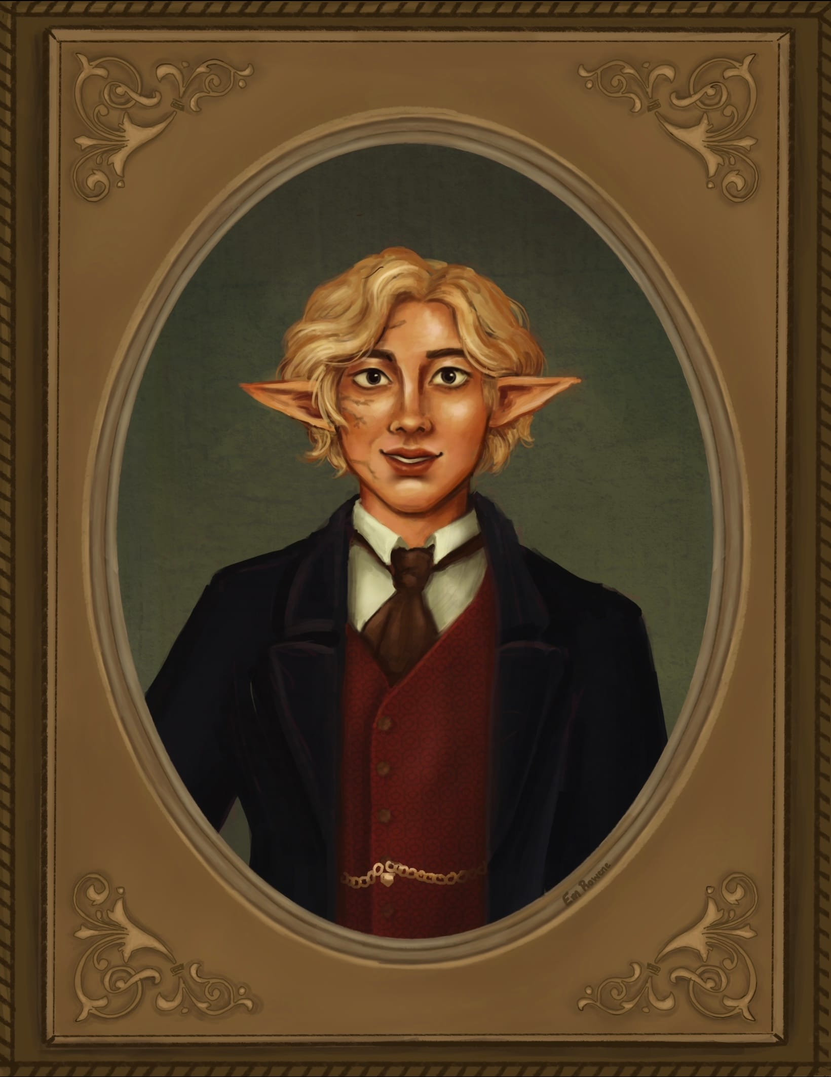 A digital painting of a young man with tan skin and a bright smile. He has brown feather-like markings on one side of his face and long, pointed ears.