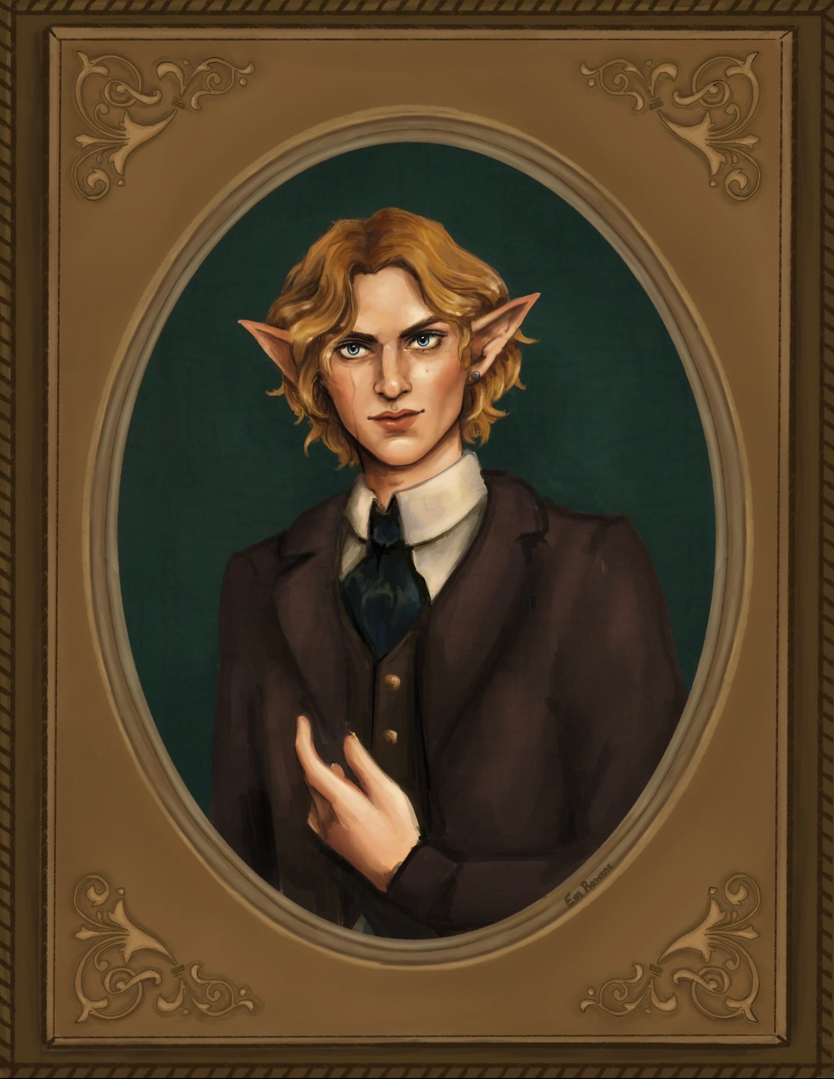 A digital painting of a pale man in a brown suit. He has chin-length blond hair, a long scar on one cheek, and pointed ears. He has a mischievous smile.